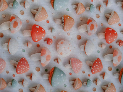 Little Johnny 100% Cotton - Mushrooms - White/Green/Beige - 60" Wide - Sold By The Metre