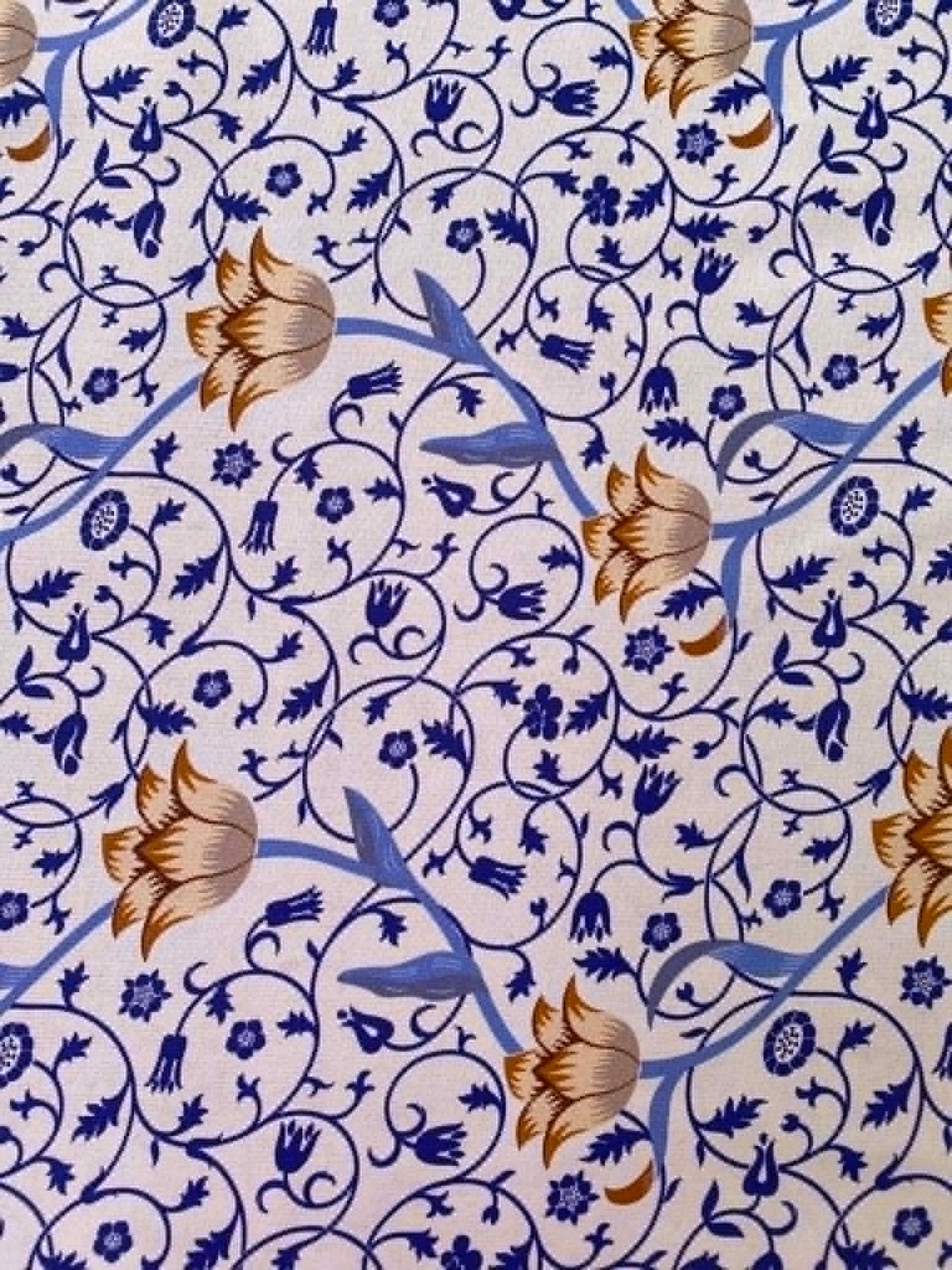 William Morris Inspired Floral 100% Cotton Fabric - Blue & Ochre Vine Trail Print - 44/45" Wide By The Metre