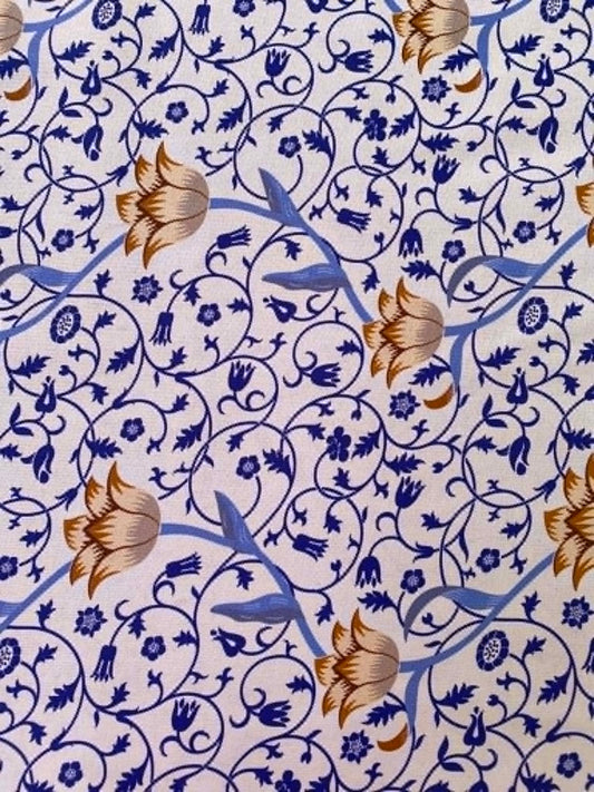 William Morris Inspired Floral 100% Cotton Fabric - Blue & Ochre Vine Trail Print - 44/45" Wide By The Metre