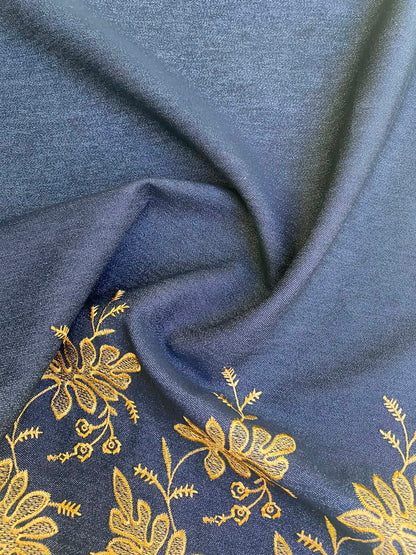 Black & Gold Floral Embroidered Stretch Denim - 59" Wide - Double Bordered - £3.99/m