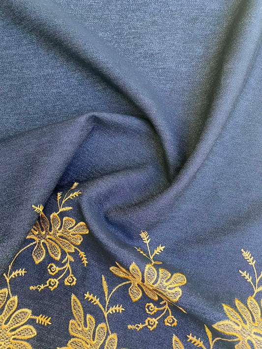Black & Gold Floral Embroidered Stretch Denim - 59" Wide - Double Bordered - £3.99/m