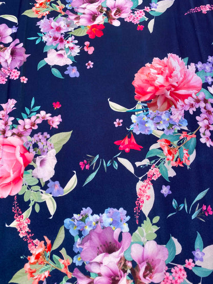 Navy Blue Floral Print Scuba Fabric – Pink, Purple & Green – 60" Wide