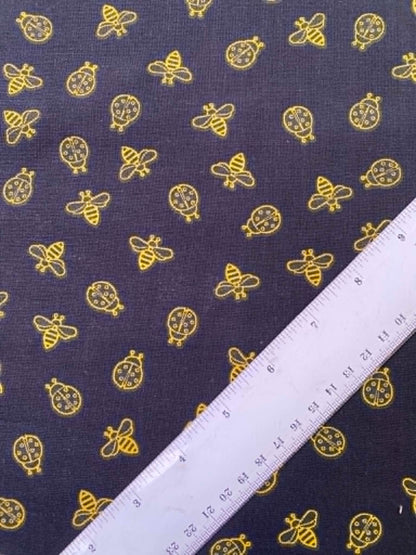 Black Golden Bee & Ladybird 100% Cotton Fabric - 44" Wide By The Metre