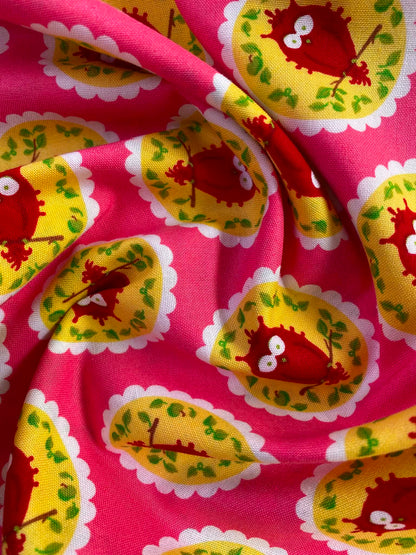 CLEARANCE - Retro Whimsical Owl Print Fabric – Bright Pink, Red & Yellow 100% Cotton (54" Wide)