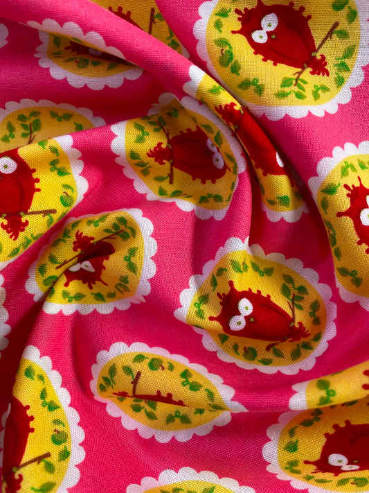 CLEARANCE - Retro Whimsical Owl Print Fabric – Bright Pink, Red & Yellow 100% Cotton (54" Wide)