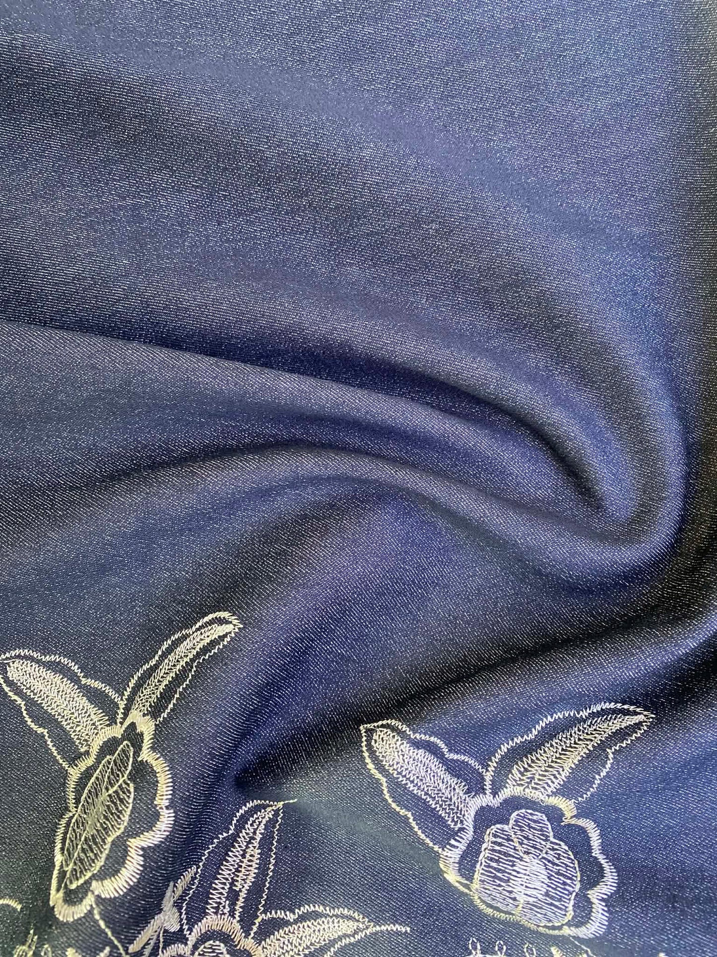 Navy & White Embroidered Double Bordered Stretch Denim - 59" Wide - £3.99/m