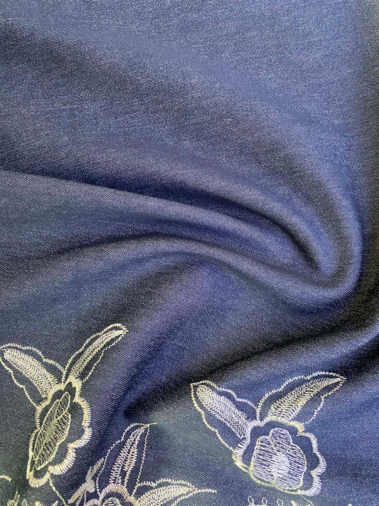 Navy & White Embroidered Double Bordered Stretch Denim - 59" Wide - £3.99/m