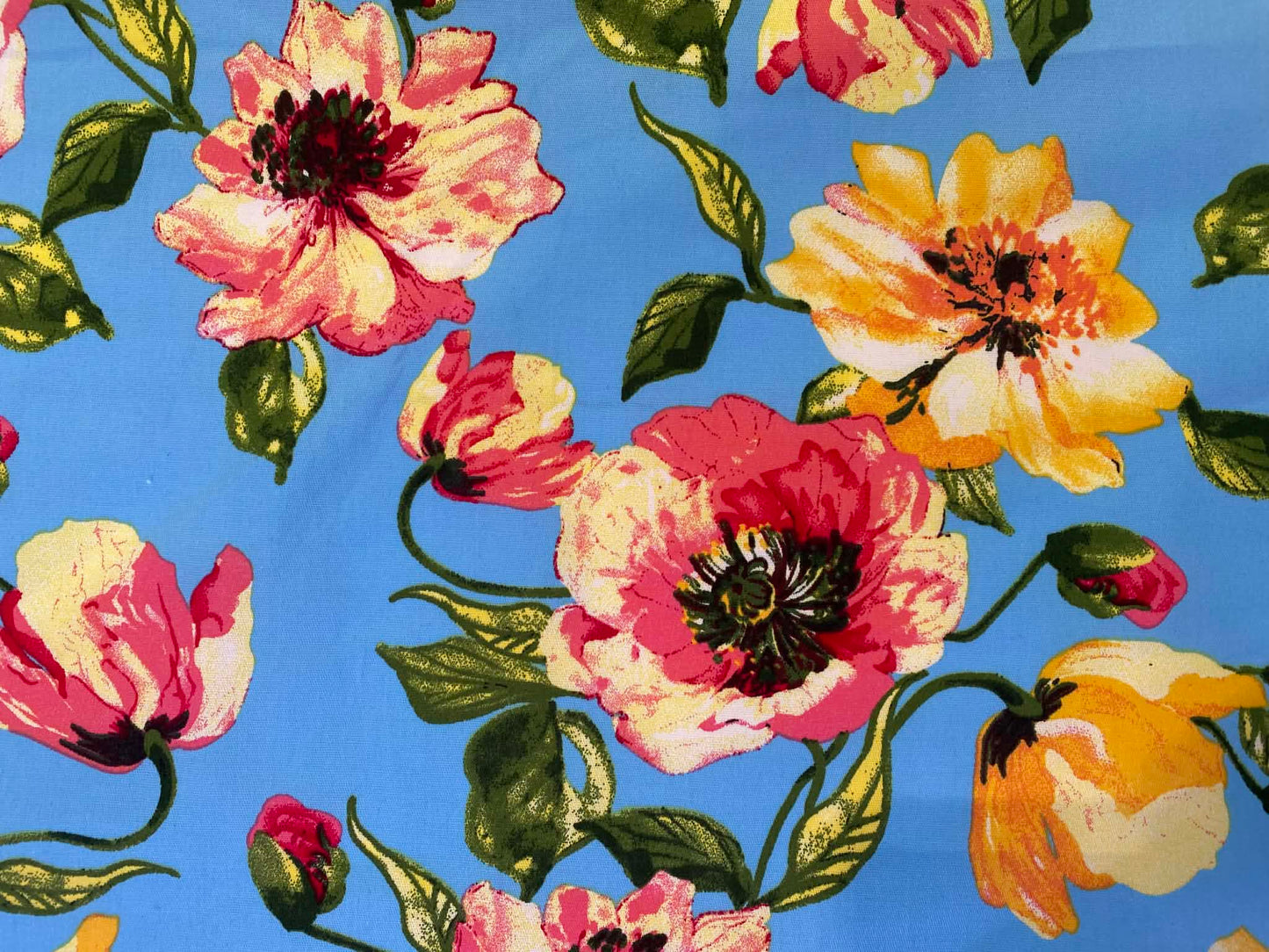 Floral Cotton Sateen Fabric - Blue/Yellow/Pink/Green - 58" Wide - Luxury Dressmaking Material - £3.99/m