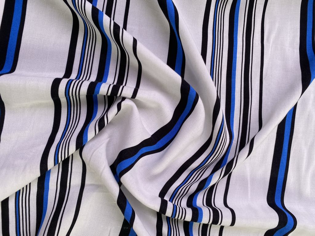 Viscose - Stripe - White/Blue/Black - 59" Wide - Sold By The Metre