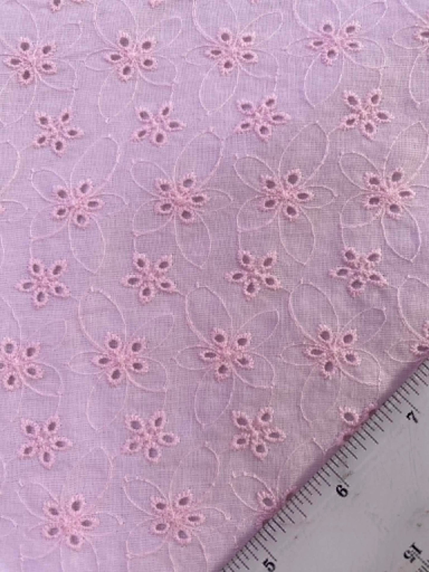 Soft Pink Floral Broderie Anglaise 100% Cotton Fabric - Embroidered Eyelet Cotton Lawn - 58" Wide By The Metre