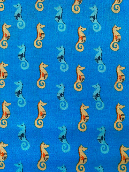 Cerulean Blue Seahorse 100% Cotton Fabric - Ocean Reef Sea Life - 44" Wide By The Metre