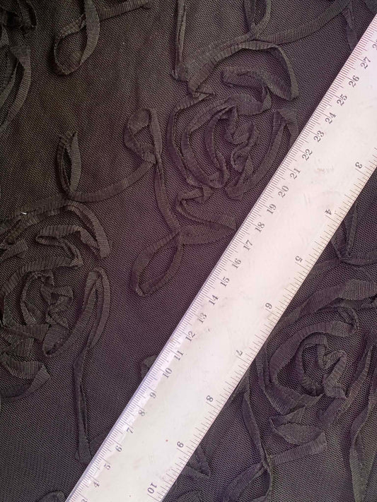 Black Rose Ribbon Embroidered Mesh Fabric – 58" Wide (£3.50/m)