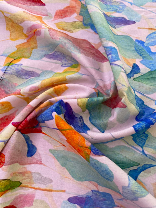 Blush Pink Abstract Watercolor Botanical Leaf 100% Cotton Lawn Fabric - Premium Dressmaking Fabric - Extra Wide 57" By The Metre