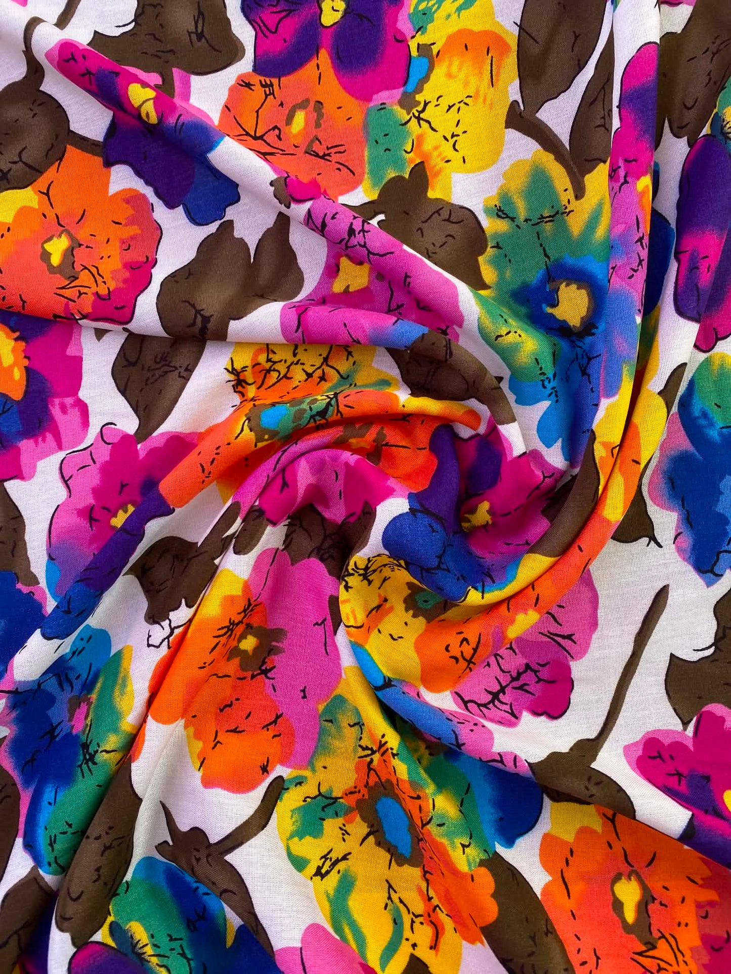 Retro Bright Painterly Floral 100% Viscose Fabric - Pink, Blue & Orange Floral Dressmaking Fabric - Extra Wide 57" By The Metre