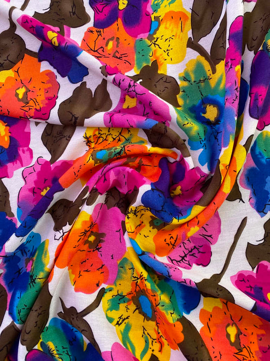 Retro Bright Painterly Floral 100% Viscose Fabric - Pink, Blue & Orange Floral Dressmaking Fabric - Extra Wide 57" By The Metre