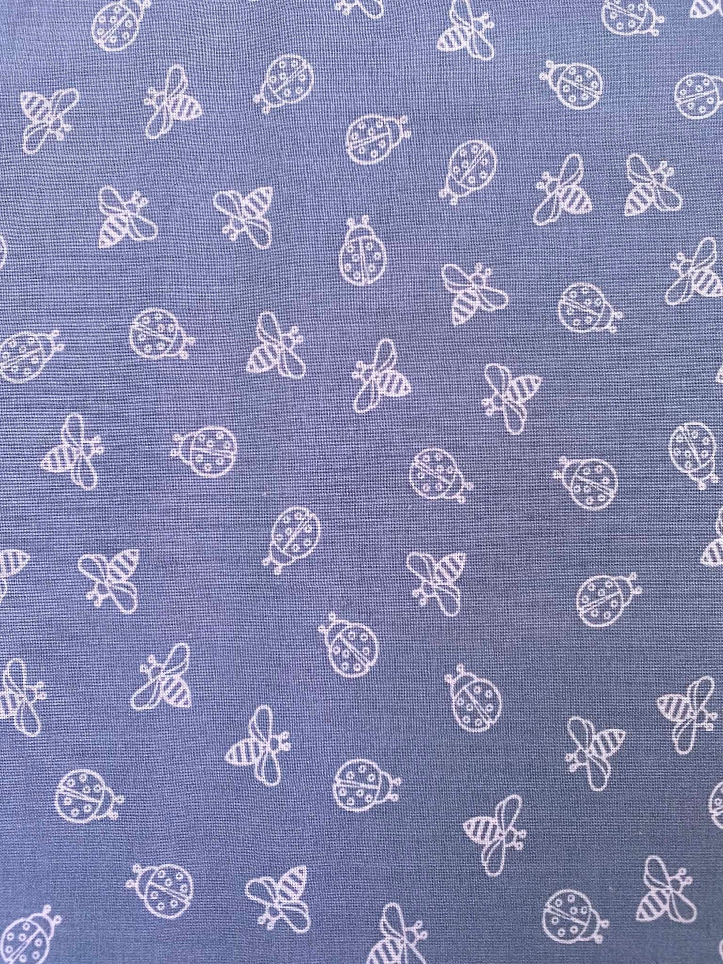 Slate Blue-Grey White Outline Bee & Ladybird 100% Cotton Fabric - 44" Wide By The Metre