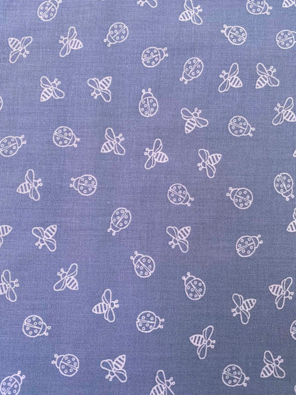 Slate Blue-Grey White Outline Bee & Ladybird 100% Cotton Fabric - 44" Wide By The Metre