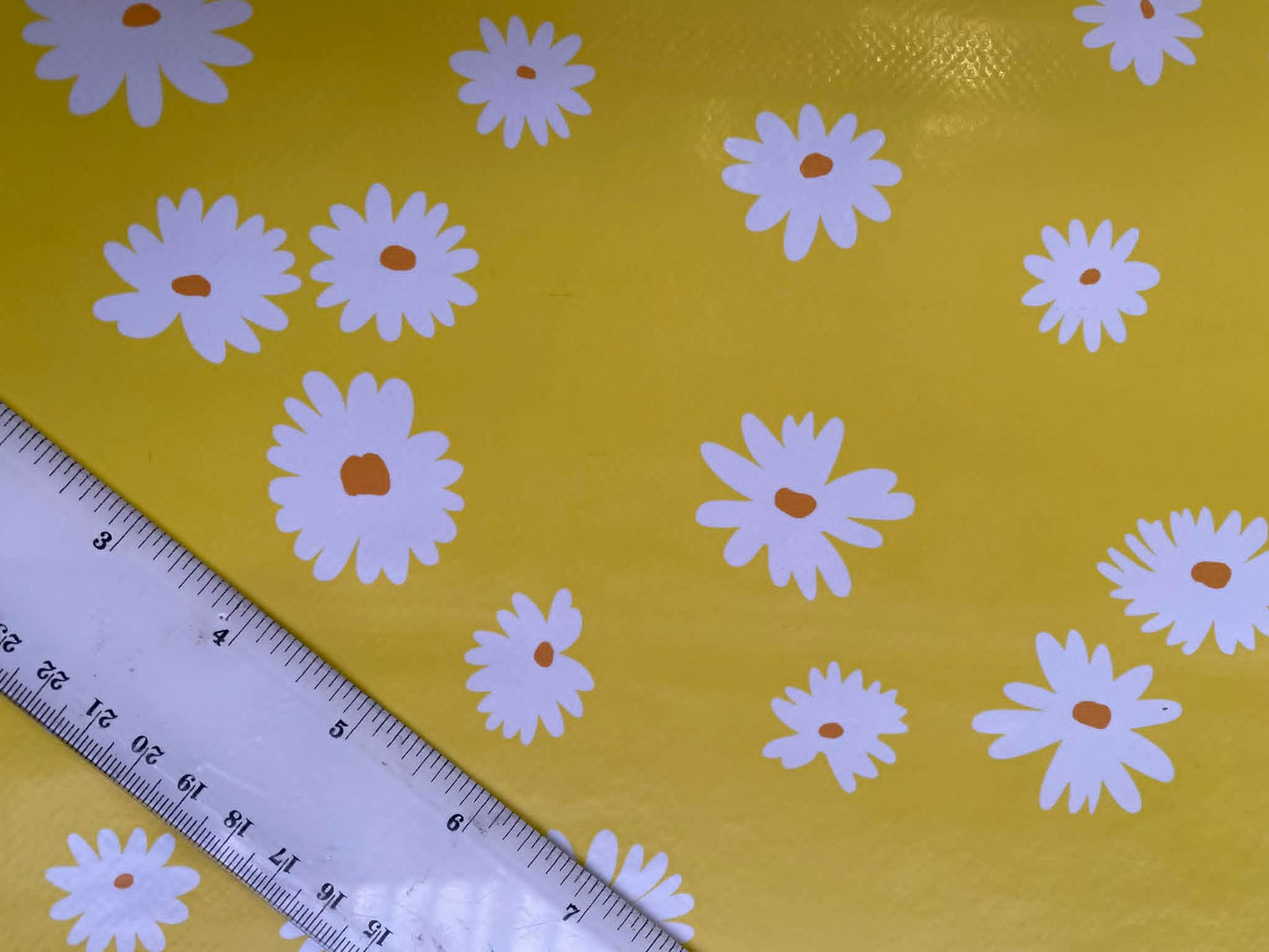 Yellow & White Daisy Floral PU Table Covering - 55" Wide - Wipe Clean - Water Resistant - £1.99/m