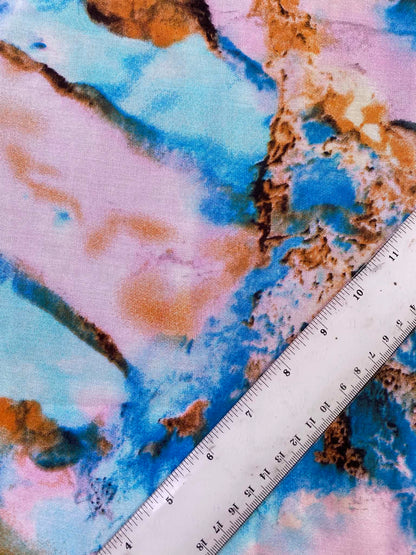 Pink & Blue Marble Geode Abstract Print Fabric - Gold Ochre Swirl Dressmaking Fabric - Extra Wide 57" By The Metre