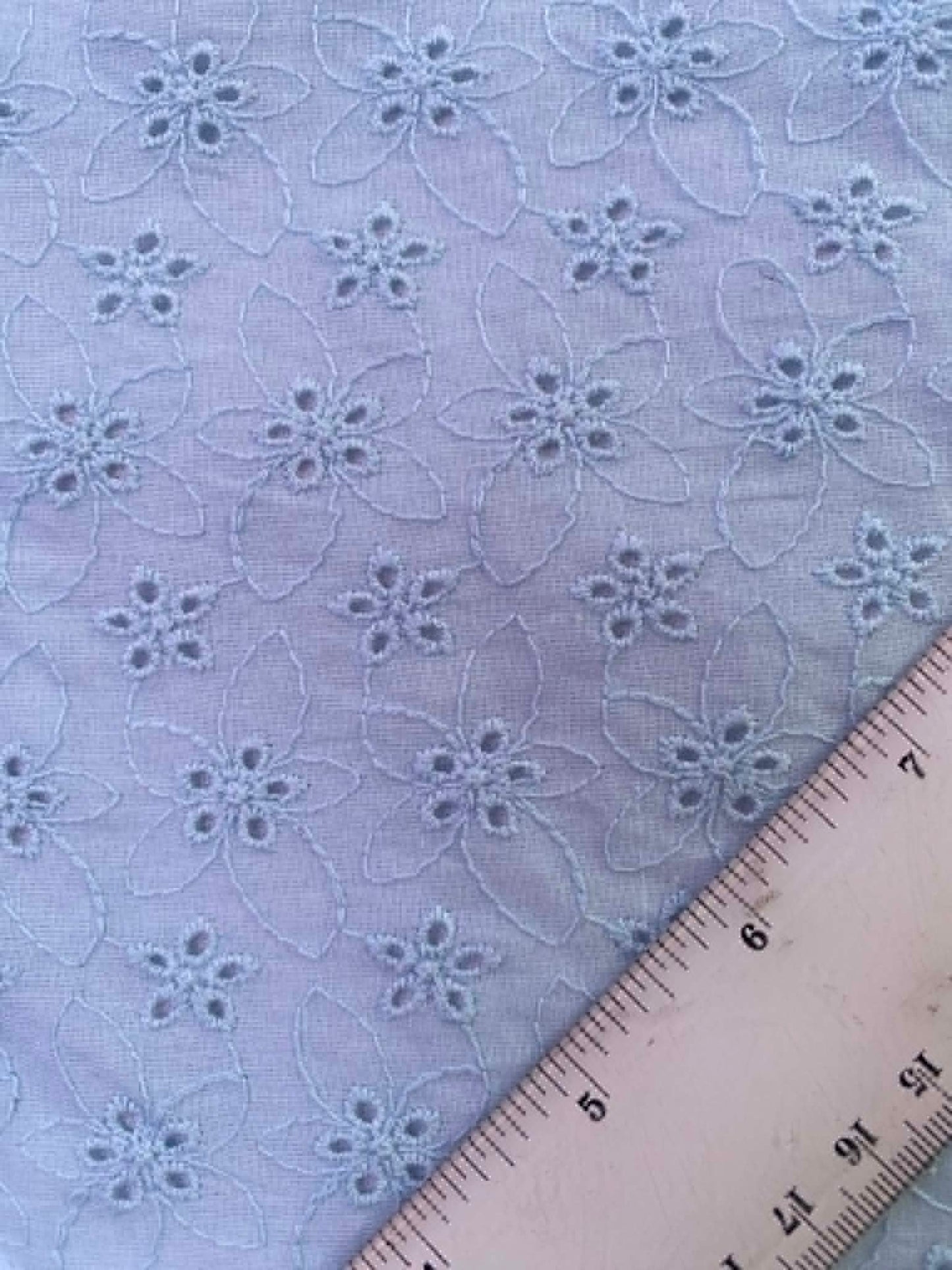 Soft Sky Blue Floral Broderie Anglaise 100% Cotton Fabric - 58" Wide By The Metre