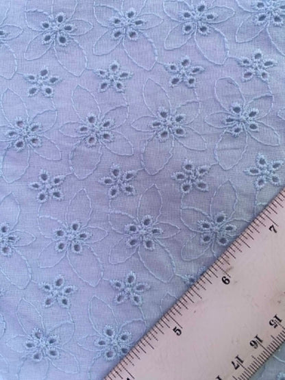 Soft Sky Blue Floral Broderie Anglaise 100% Cotton Fabric - 58" Wide By The Metre