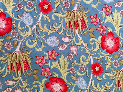William Morris Inspired Floral 100% Cotton Fabric - Ivory, Blue & Cream Art Nouveau Botanical - 44/45" Wide By The Metre