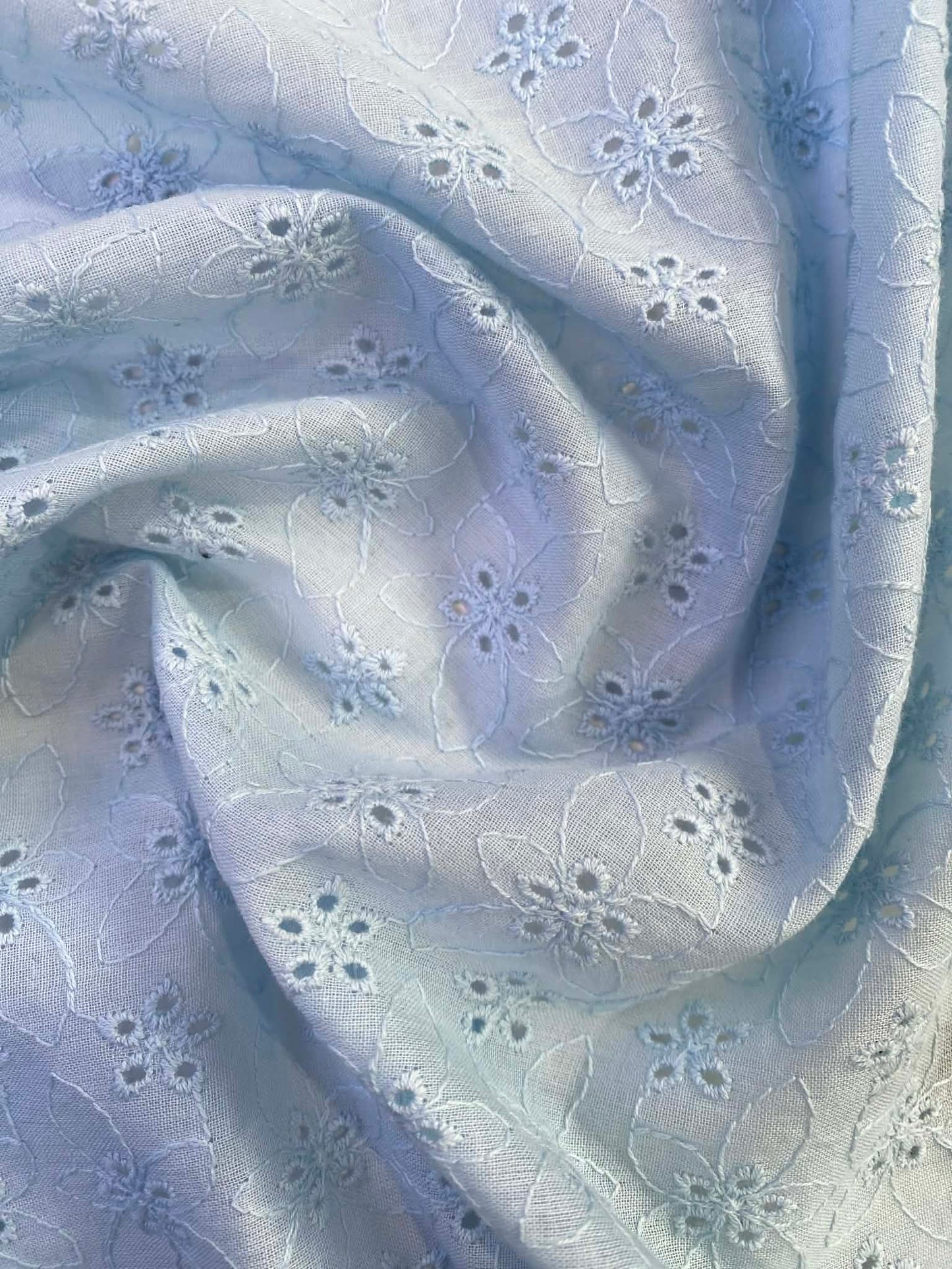 100% Cotton Broderie Anglaise - Baby Blue - 58"Wide - Sold By The Metre