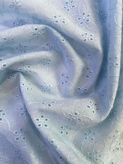 100% Cotton Broderie Anglaise - Baby Blue - 58"Wide - Sold By The Metre