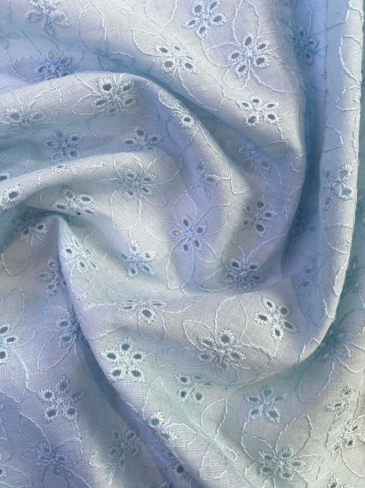 100% Cotton Broderie Anglaise - Baby Blue - 58"Wide - Sold By The Metre