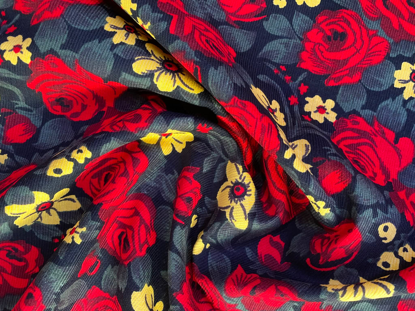 Printed Needlecord 100% Cotton - Black/Grey/Red/Yellow - 44"Wide - Sold By The Metre