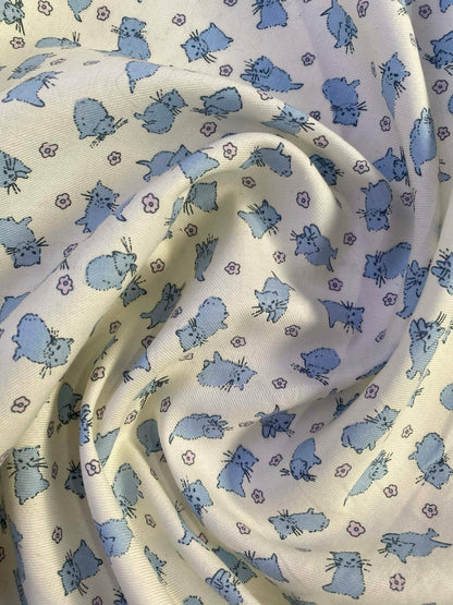 100% Cotton - Blue/Cream - Kittens - 57"Wide - Sold By The Metre