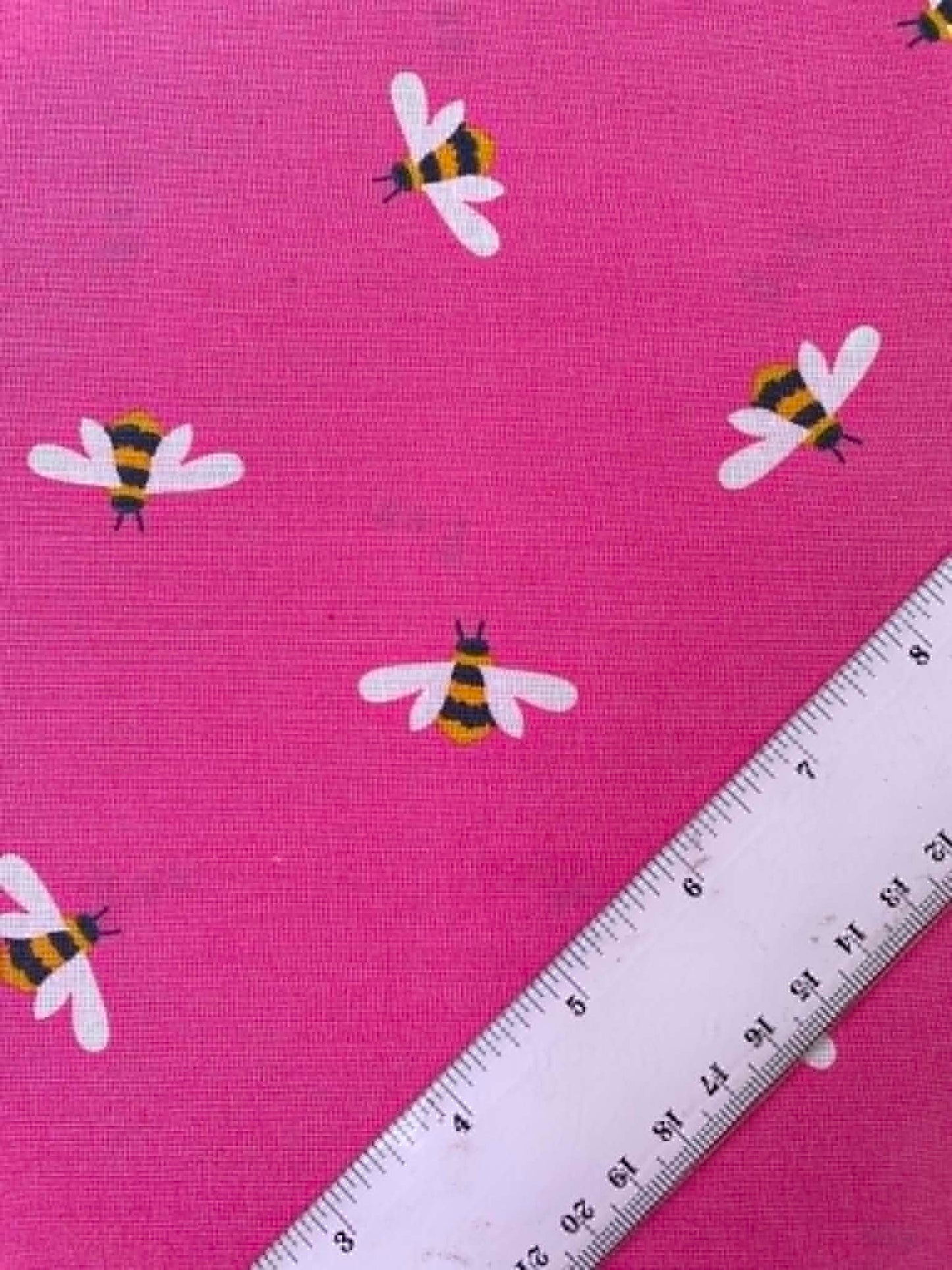 Bright Magenta Pink Illustrated Bumblebee 100% Cotton Fabric - 44" Wide By The Metre