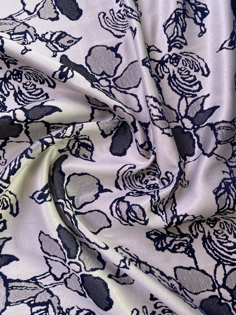 Brocade - Navy/Silver/Cream - 63" Wide - Sold By The Metre