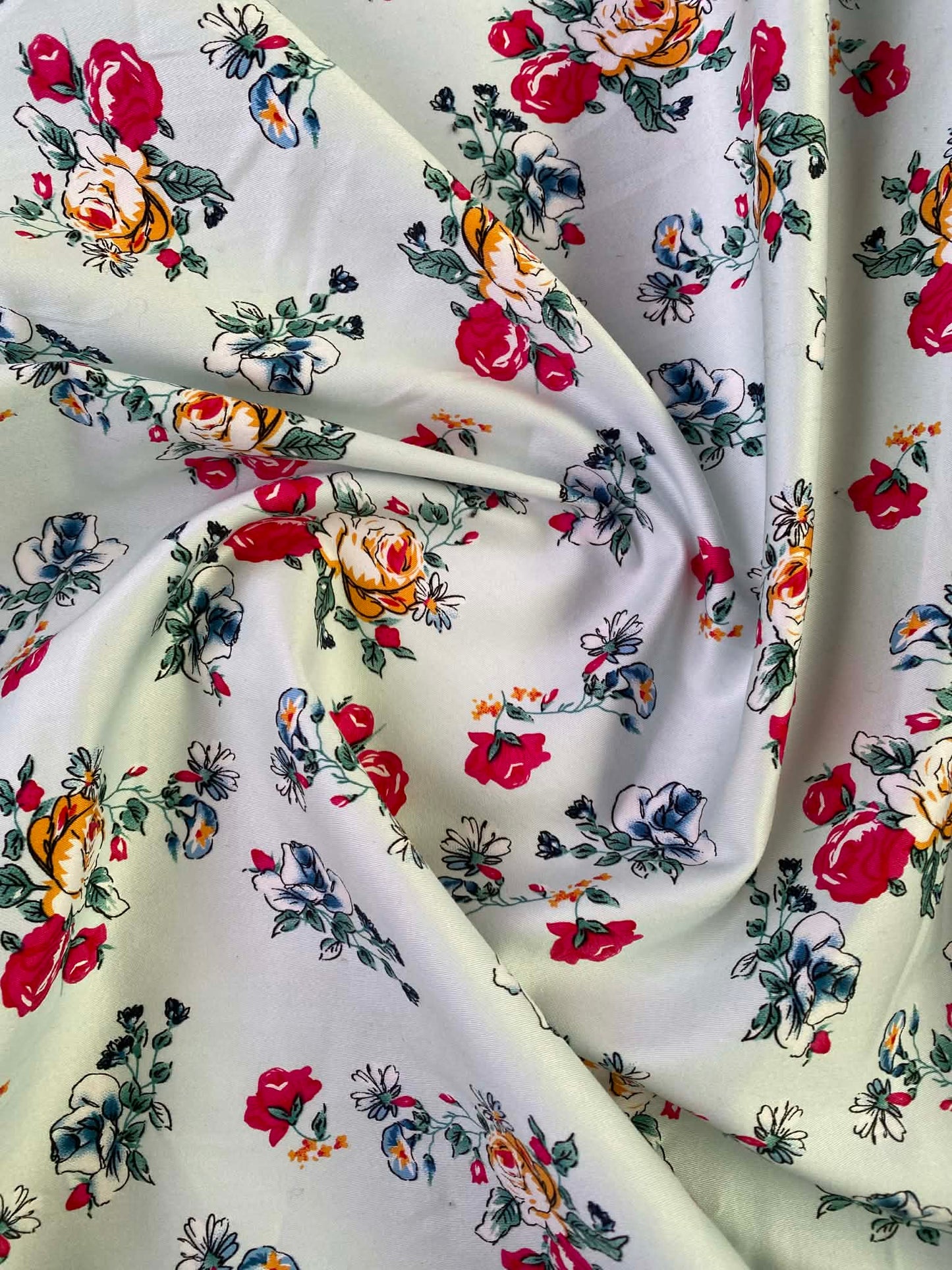 Floral Cotton Sateen Fabric - Mint/Pink/Green/Mustard - 58" Wide - Luxury Dressmaking Material - £3.99/m
