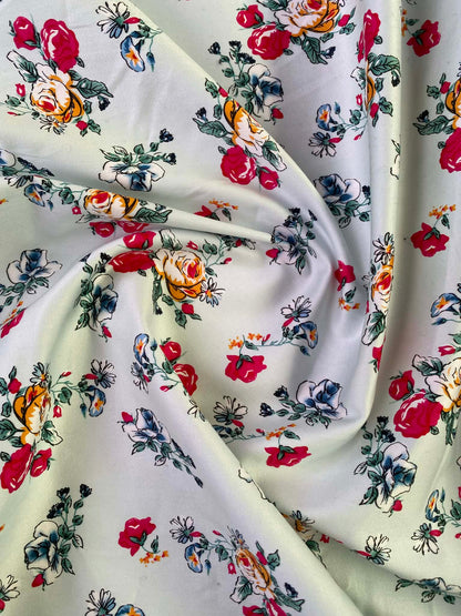 Floral Cotton Sateen Fabric - Mint/Pink/Green/Mustard - 58" Wide - Luxury Dressmaking Material - £3.99/m