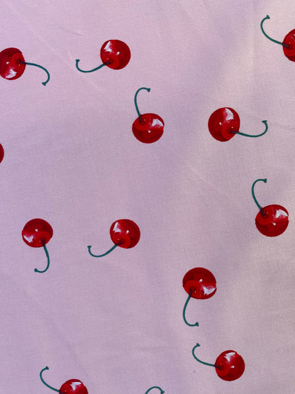 Cotton Spandex - Cherries - Pink/Red/Green - 58"Wide - Sold By The Metre