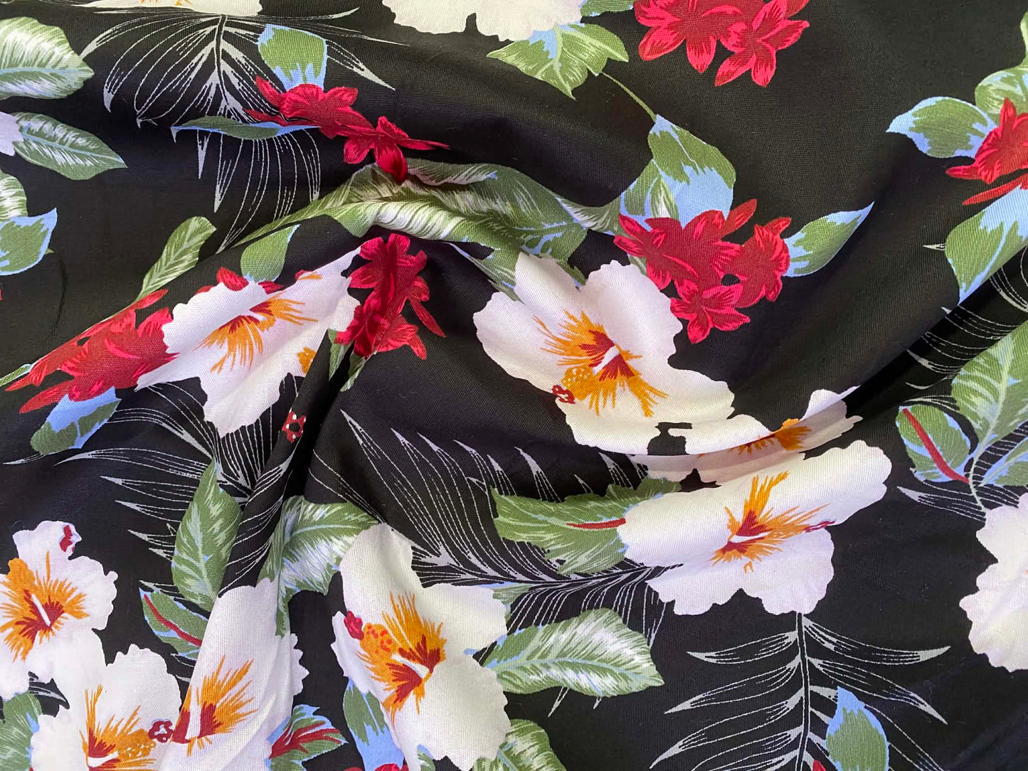 Floral Cotton Sateen Fabric - Black/White/Green/Plum - 58" Wide - Luxury Dressmaking Material - £3.99/m