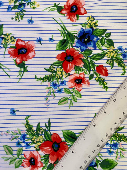 Floral Cotton Sateen Fabric - Blue/Red/White/Green - 58" Wide - Luxury Dressmaking Material - £3.99/m
