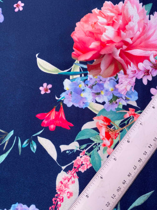 Navy Blue Floral Print Scuba Fabric – Pink, Purple & Green – 60" Wide
