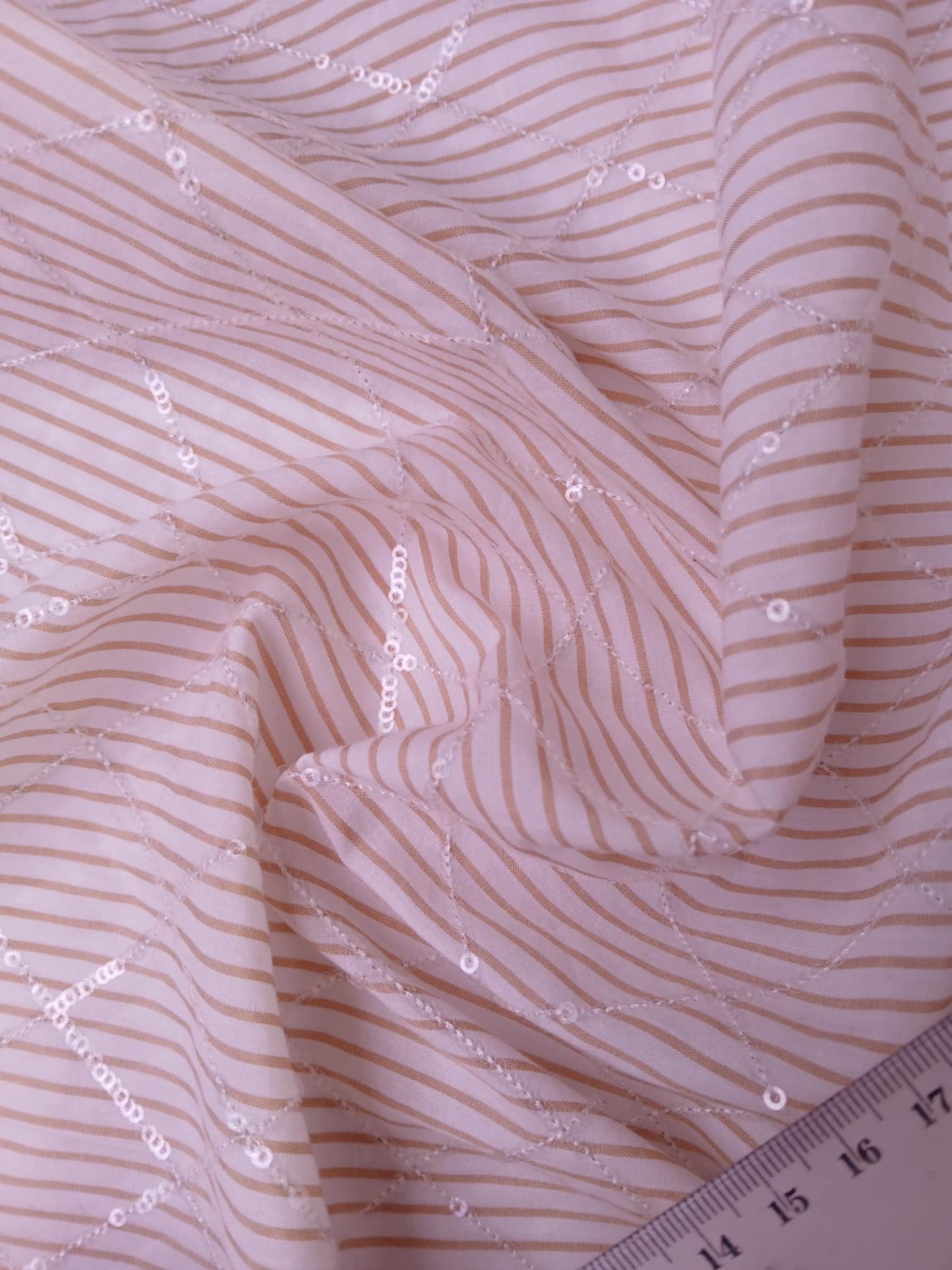 River Island - Poly Cotton w/ Sequins 40/60 - Stripe - Beige/White - 57" Wide - Sold By The Metre