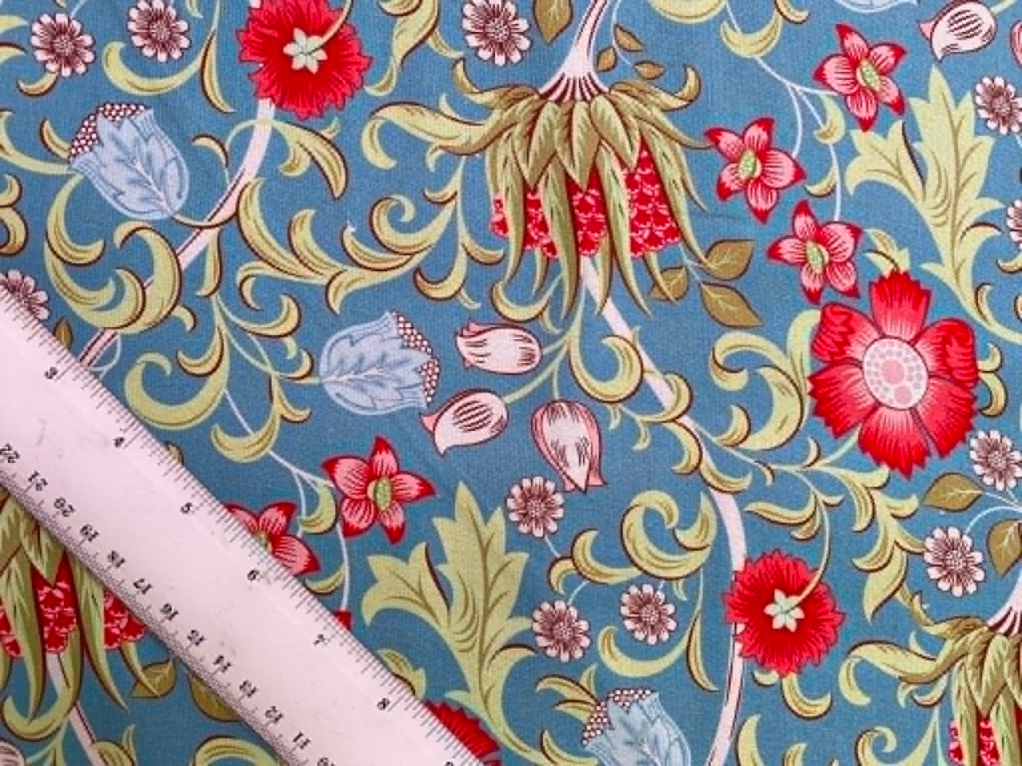 William Morris Inspired Floral 100% Cotton Fabric - Ivory, Blue & Cream Art Nouveau Botanical - 44/45" Wide By The Metre
