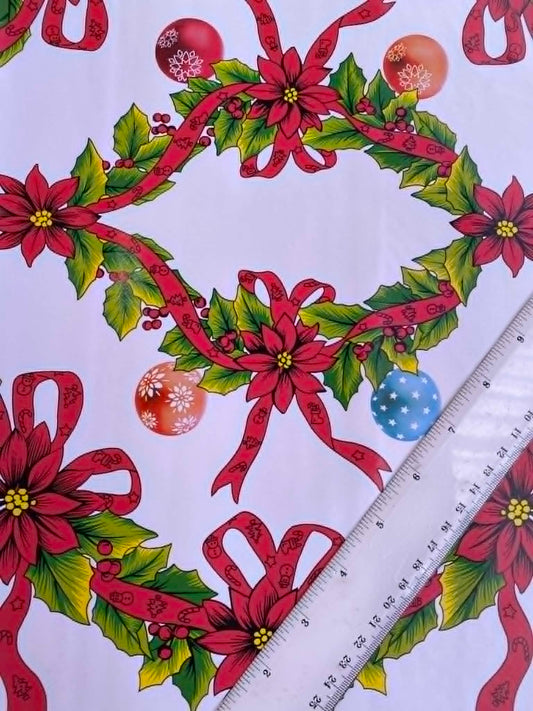 Classic Christmas Holly & Red Ribbon PU Tablecloth - Wipe Clean - 55" Wide - Festive Cream - £1.99/m