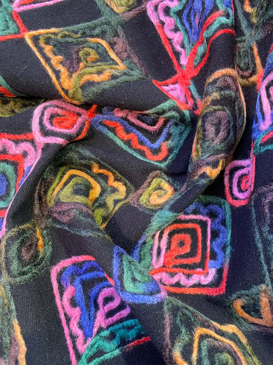 Embroidered Washable Wool - Black/Blue/Pink/Orange - 59"Wide - Sold By The Metre