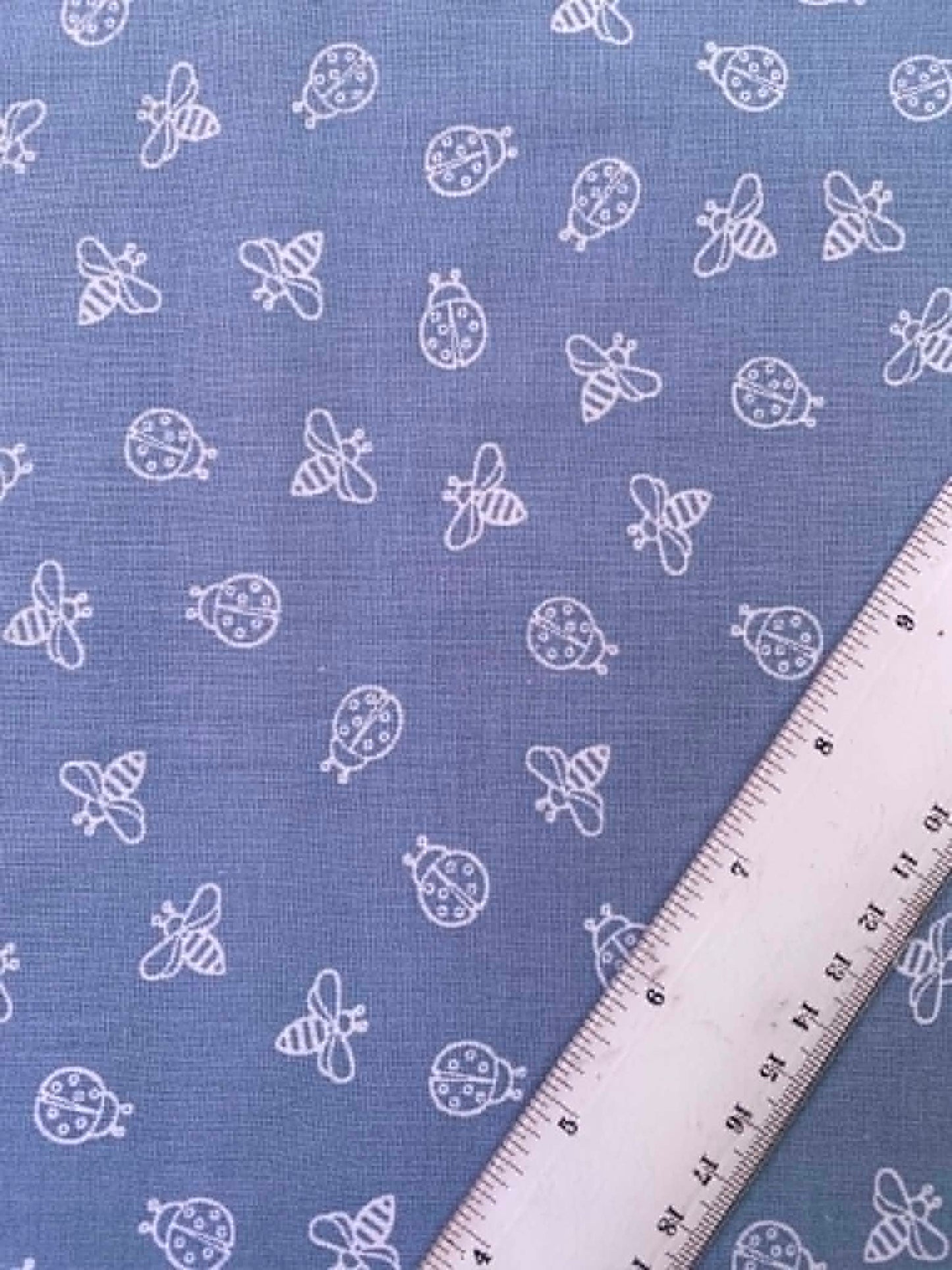 Slate Blue-Grey White Outline Bee & Ladybird 100% Cotton Fabric - 44" Wide By The Metre