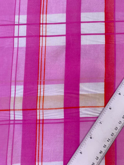 Magenta Pink & Red Plaid Spanish Silk Fabric – 54" Wide (£3.99/m)