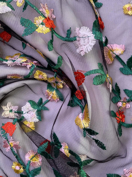Floral Embroidered Mesh Fabric - 52" Wide - Black with Multi-Colour Stitching - £3.99/m