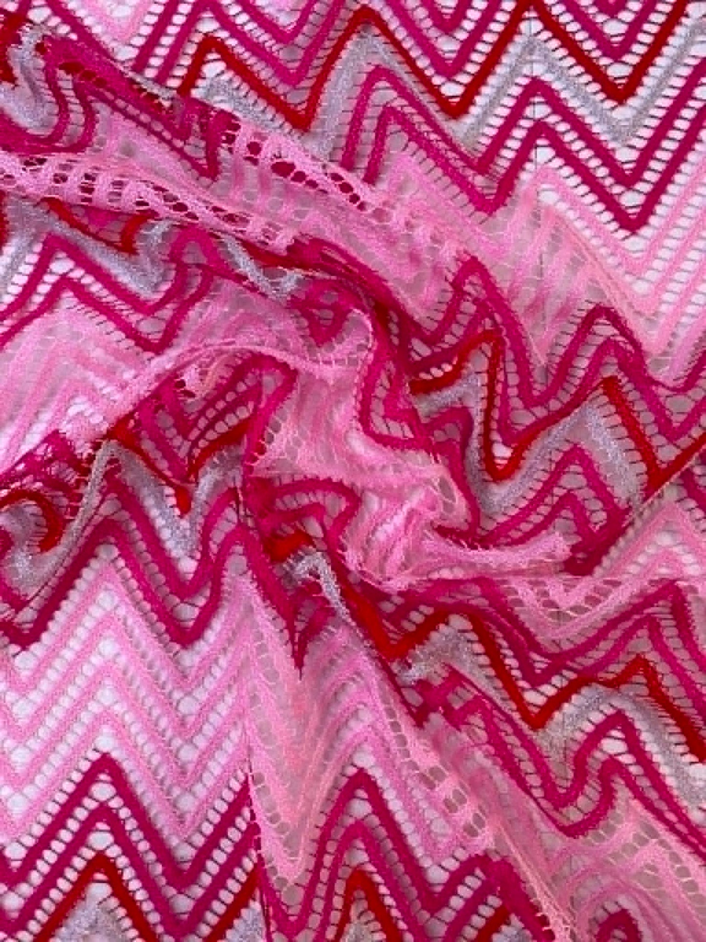 Missoni Inspired Zigzag Knit Lace Fabric - 57" Wide - Pink, Red & Silver Metallic Chevron Stretch - £2.99/m