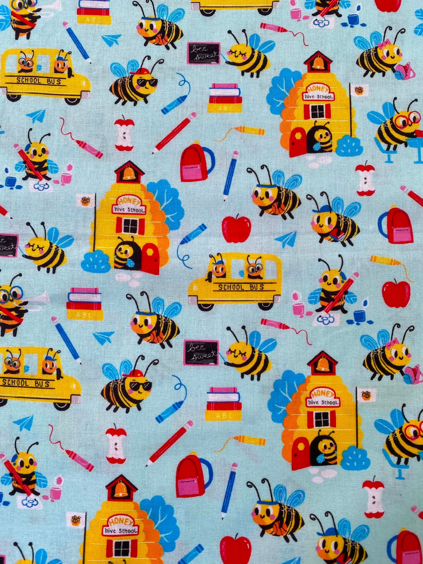 Mint Busy Bees School Bus 100% Cotton Fabric - Back to School Novelty Kids - 44" Wide By The Metre