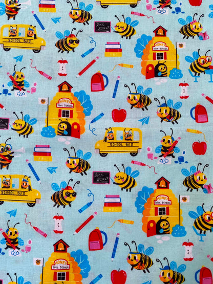 Mint Busy Bees School Bus 100% Cotton Fabric - Back to School Novelty Kids - 44" Wide By The Metre