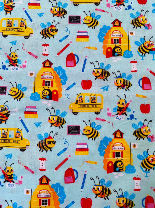 Mint Busy Bees School Bus 100% Cotton Fabric - Back to School Novelty Kids - 44" Wide By The Metre